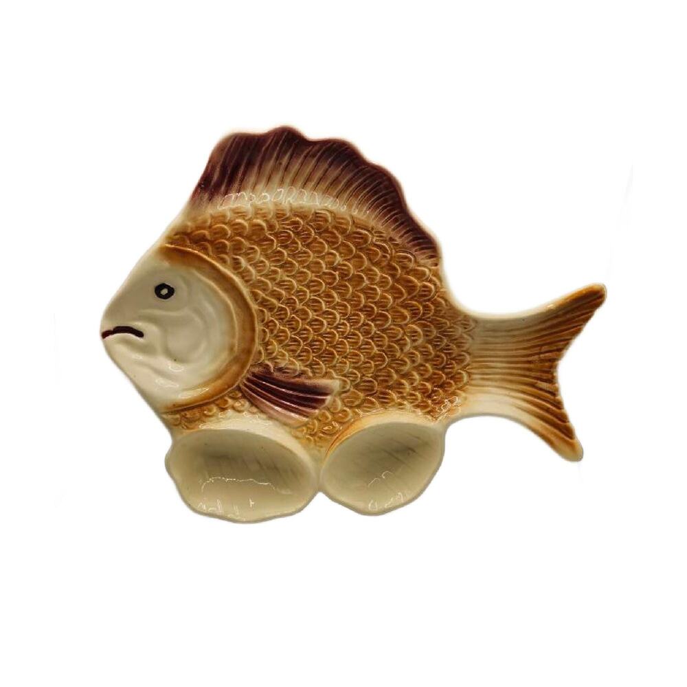 Vintage Pottery Fish Platter, Divided Serving Dish (13.5")